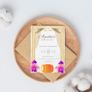 Dholki Mayoun Orange Garland Lantern Dhol Printable Electronic Custom Invite Invitation, Instant Download ,Sangeet Mehndi Haldi Mobile evite