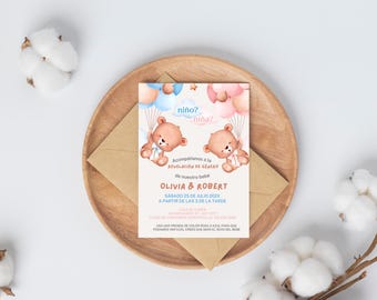Spanische Bär Gender Reveal Einladung bearbeitbar, Invitación de Revelacion de Género und Español con osito, Invitación Niño oder Niña,
