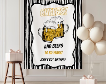 Cheers And Beers To 30 years Tapestry, Men's Birthday Party Banner, 30th Birthday Backdrop for Him, Cheers to 30 Years Any Age Party Decor