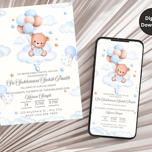May include: A blue and white baby shower invitation with a teddy bear holding balloons. The invitation includes the text "Sri Sukhmani Sahib Paath" and the date and time of the event.