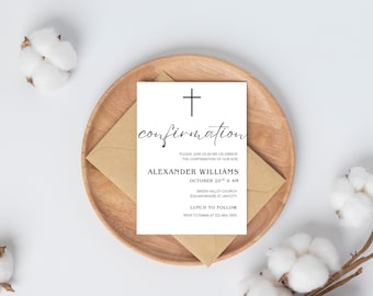 Moderne Konfirmation Einladungsvorlage Junge Bestätigung Gender Neutral Einfache religiöse Einladung Bearbeitbare Bestätigung Printable