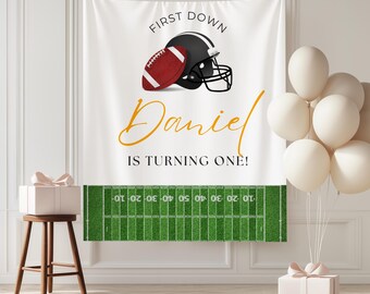 Custom First Year Down Birthday Backdrop, First Down Birthday Sign, Football 1st Birthday Sign, Personalized Football 1st Sport theme Banner