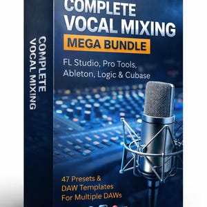 以下が含まれることがあります： 「COMPLETE VOCAL MIXING MEGA BUNDLE」のテキストとマイクのイラストが描かれた、濃い青色の製品ボックス。ボックスには「FL Studio、Pro Tools、Ableton、Logic & Cubase」と「47 Presets & DAW Templates」が含まれています。