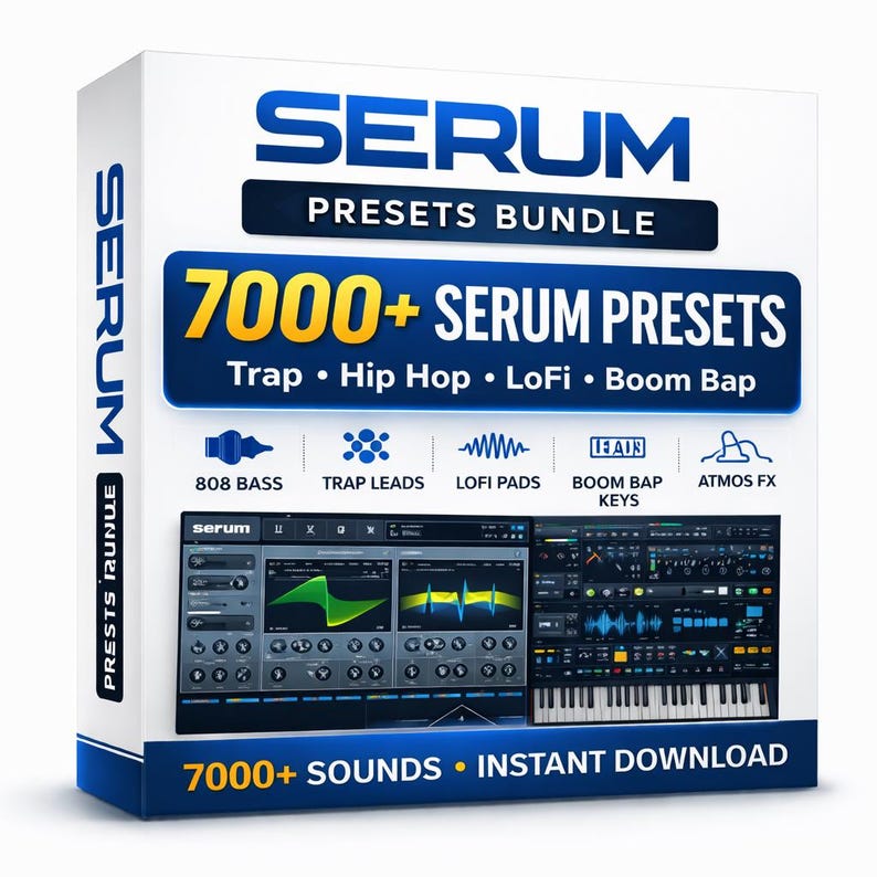 Puede incluir: Una caja blanca y azul con el texto "SERUM PRESETS BUNDLE" y "7000+ SERUM PRESETS". La caja presenta gr&aacute;ficos para los estilos musicales Trap, Hip Hop, LoFi y Boom Bap, con iconos para 808 Bass, Trap Leads, etc. La parte inferior de la caja dice "7000+ SOUNDS &bull; INSTANT DOWNLOAD".