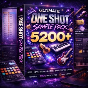 May include: A product box with the text "ULTIMATE ONE SHOT SAMPLE PACK 5200+". The box features images of a keyboard, guitar, and drum machine. The text "800S KEYS PADS GUITAR BASS SYNTHS & MORE" is also visible.