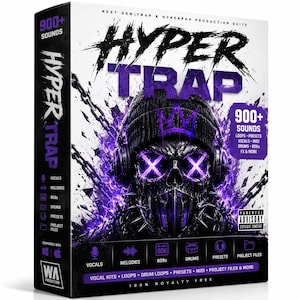 May include: A product box for the "Hyper Trap" production suite. The box is white with black and purple graphics, including a skull wearing headphones and a crown. Text includes "900+ Sounds" and "Vocal Kits, Loops, Drum Loops, Presets, MIDI, Project Files & More."