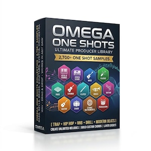 Puede incluir: Una caja rectangular de color azul oscuro para la Omega One Shots Ultimate Producer Library, que contiene más de 2.700 muestras. El frente muestra iconos hexagonales coloridos que representan varios instrumentos y texto sobre producción.
