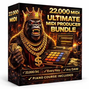 May include: A product box featuring a gorilla wearing a gold crown and chain, holding cash. The box advertises a "22,000 MIDI ULTIMATE MIDI PRODUCER BUNDLE" with a laptop, drum machine, and speaker. Includes "22,000 Files", "Every Key", "Any DAW", and "Piano Course Included".
