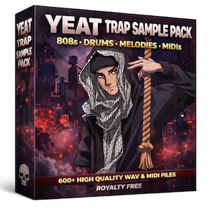 May include: A product box for a "YEAT TRAP SAMPLE PACK" featuring a stylized illustration of a person in a black hoodie and scarf. The box includes text: "808s • DRUMS • MELODIES • MIDIS" and "600+ HIGH QUALITY WAV & MIDI FILES".
