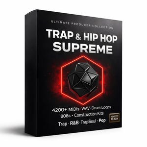 May include: A black box with the text "TRAP & HIP HOP SUPREME" in white. The box also features a geometric design inside a red hexagon and lists "4200+ MIDIs WAV - Drum Loops" and other music production elements. The words "INDUSTRY READY" are also visible.