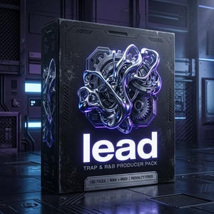 May include: A black rectangular box for a music producer pack titled lead TRAP & R&B PRODUCER PACK. The front features a metallic liquid chrome abstract shape over mechanical gears, with text reading 130 FILES | WAV + MIDI | ROYALTY FREE.