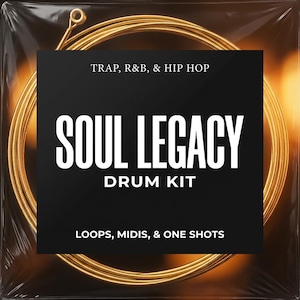 May include: A coiled gold-colored metal string encased in clear plastic packaging with a black label featuring white text that reads: TRAP, R&B, & HIP HOP, SOUL LEGACY, DRUM KIT, LOOPS, MIDIS, & ONE SHOTS. The string is wound in a circular pattern.