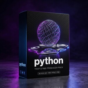May include: A black rectangular box for the Python Trap & R&B Producer Pack. The front features a glowing purple wireframe sphere resting on a metallic liquid puddle. Text includes "python", "TRAP & R&B PRODUCER PACK", and "130 FILES | WAV + MIDI | ROYALTY FREE".