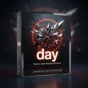 Könnte beinhalten: Eine schwarze rechteckige Box für ein Musik-Produzenten-Paket mit dem Titel day. Die Vorderseite zeigt einen leuchtenden orangefarbenen Kreis hinter einem Bündel scharfer, metallisch silberner Splitter. Der Text lautet day, TRAP & R&B PRODUCER PACK, 130 SOUNDS | WAV + MIDI | 100% ROYALTY-FREE.