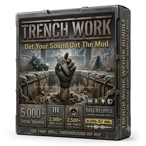 May include: A rectangular product box for Trench Work, a sound sample bundle. The cover features a gloved hand emerging from mud holding a USB drive, a gas mask, and text including 5,000+ total sounds, 2,500+ MIDI files, 2,500+ one-shots, and Blown-Out 808s.