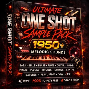 Può includere: Una scatola di prodotto con il testo "ULTIMATE ONE SHOT SAMPLE PACK" in rosso e argento. La scatola presenta immagini di strumenti musicali e il testo "1950+ MELODIC SOUNDS". Il testo aggiuntivo include "BASS, PIANO, WAV, 100% ROYALTY FREE, DRAG & DROP".