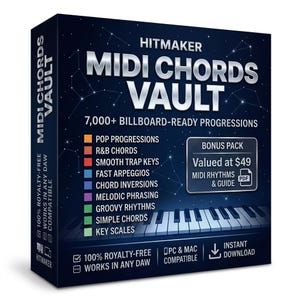 May include: A dark blue box for Hitmaker MIDI Chords Vault featuring a piano keyboard graphic and text listing 7,000+ billboard-ready progressions, pop progressions, R&B chords, smooth trap keys, fast arpeggios, chord inversions, and melodic phrasing.