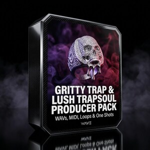 May include: A black rectangular box featuring a silver skull ring with dripping liquid detail. The text reads: GRITTY TRAP & LUSH TRAPSOUL PRODUCER PACK, WAVs, MIDI, Loops & One Shots, and WAVE. The background displays purple and red smoke.