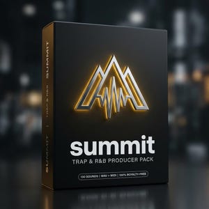 May include: A black rectangular box for a music producer pack titled Summit. The front features a metallic mountain logo with a sound wave graphic, the text "summit TRAP & R&B PRODUCER PACK," and a label stating "130 SOUNDS | WAV + MIDI | 100% ROYALTY-FREE."