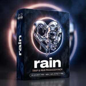 May include: A rectangular product box for a digital audio producer pack titled rain. The front features a metallic, liquid-like silver heart and face sculpture. Text includes rain, TRAP & R&B PRODUCER PACK, 130 SOUNDS, WAV + MIDI, 100% ROYALTY-FREE.