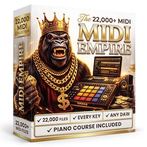Może przedstawiać: Zestaw pudełkowy zatytułowany The 22,000+ MIDI MIDI EMPIRE przedstawiający goryla w złotej koronie i łańcuchu, trzymającego gotówkę. Pudełko zawiera kontroler produkcji muzycznej, laptopa oraz tekst, w tym 22,000 files, every key, any DAW i piano course included.
