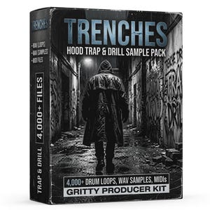 Puede incluir: Una caja rectangular para el paquete de muestras TRENCHES Hood Trap & Drill. El frente presenta una imagen en blanco y negro de una figura con capucha en un callejón. El texto incluye TRENCHES, 4,000+ FILES, GRITTY PRODUCER KIT, WAV y MIDI.