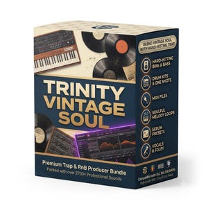 Puede incluir: Una caja de producto rectangular para el paquete de producción Trinity Vintage Soul. La caja presenta gráficos de discos de vinilo y un sintetizador, con texto que incluye "Blend Vintage Soul with Hard-Hitting Trap" y "Premium Trap & RnB Producer Bundle."