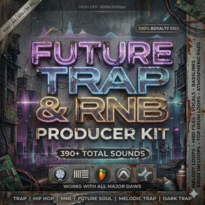 May include: A digital producer kit graphic titled FUTURE TRAP & RNB PRODUCER KIT with 390+ total sounds. The design features metallic 3D lettering, a dark urban cityscape background, and icons for major DAWs. Text includes WAV 44.1 kHz/24-Bit.