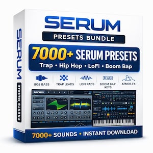 Puede incluir: Una caja blanca y azul con el texto "SERUM PRESETS BUNDLE" y "7000+ SERUM PRESETS". La caja presenta gr&aacute;ficos para los estilos musicales Trap, Hip Hop, LoFi y Boom Bap, con iconos para 808 Bass, Trap Leads, etc. La parte inferior de la caja dice "7000+ SOUNDS &bull; INSTANT DOWNLOAD".