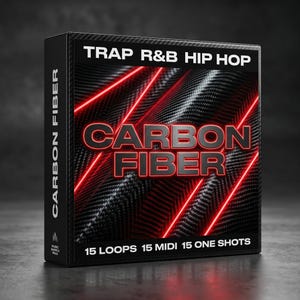 May include: A black square box featuring the text CARBON FIBER in red neon lettering. The background displays a carbon fiber texture with diagonal red light streaks. The top reads TRAP R&B HIP HOP and the bottom reads 15 LOOPS 15 MIDI 15 ONE SHOTS.