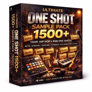 Puede incluir: Caja de producto para un paquete de muestras de música titulado "ULTIMATE ONE SHOT SAMPLE PACK 1500+". La caja presenta imágenes de instrumentos musicales, incluyendo una guitarra, un teclado y un violín. El texto indica que el paquete incluye one-shots de trap, hip hop y R&B.