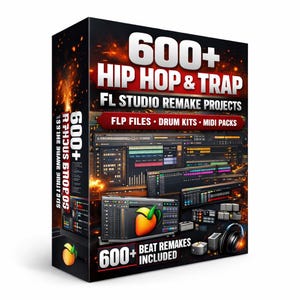 May include: A product box with the text "600+ HIP HOP & TRAP FL STUDIO REMAKE PROJECTS." The box also includes the text "FLP FILES • DRUM KITS • MIDI PACKS" and "600+ BEAT REMAKES INCLUDED." The box has a dark background with images of music production software.