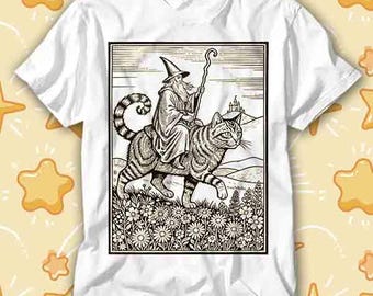 Camiseta de hechicero medieval de fantasía retro con jinete de gato mago 425