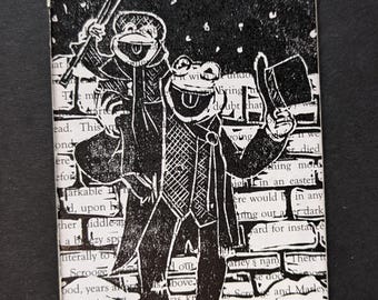 Bob Cratchit and Tiny Tim Muppets Christmas Carol Linoprint