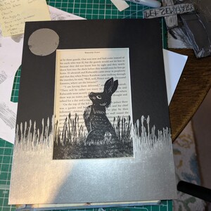 Watership Down rabbit in the meadow Linoprint black+silver detail