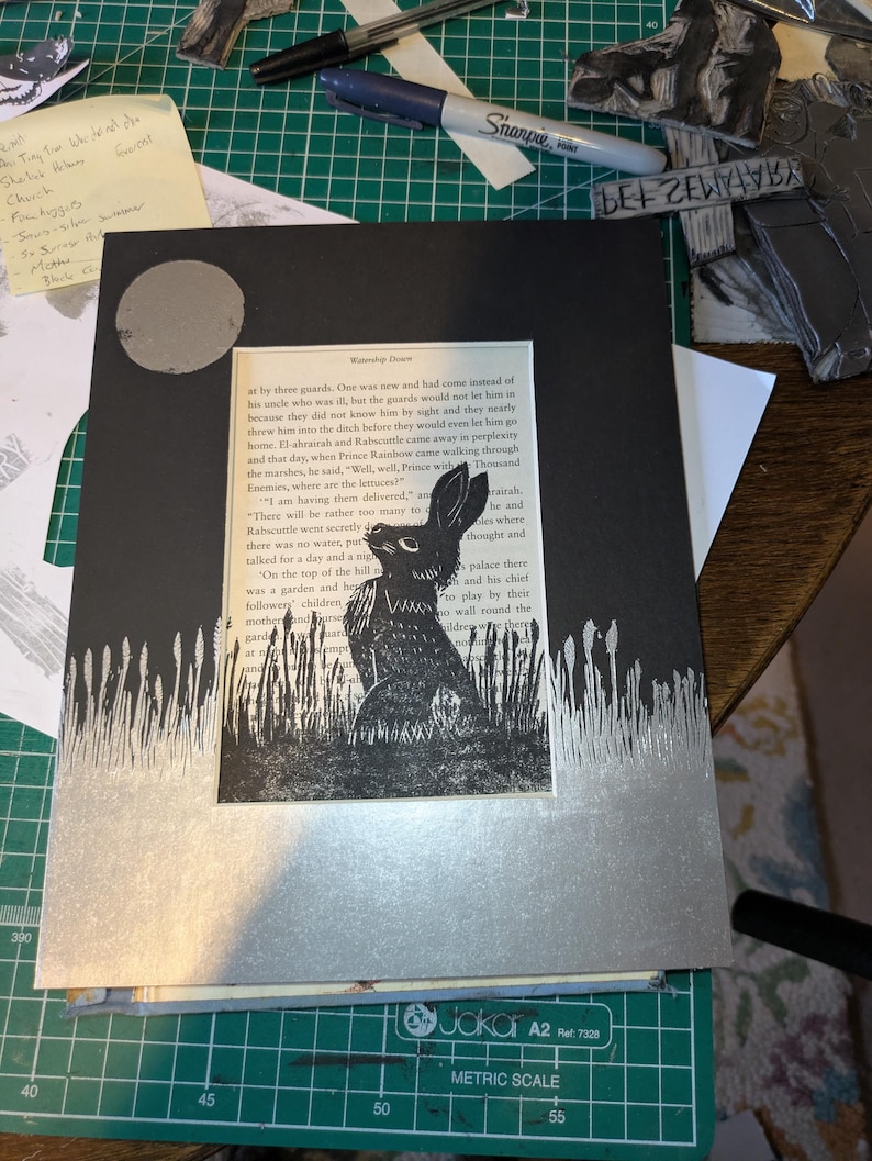 Watership Down rabbit in the meadow Linoprint black+silver detail