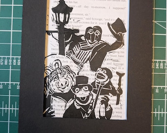 Muppets Christmas Carol character montage Linoprint