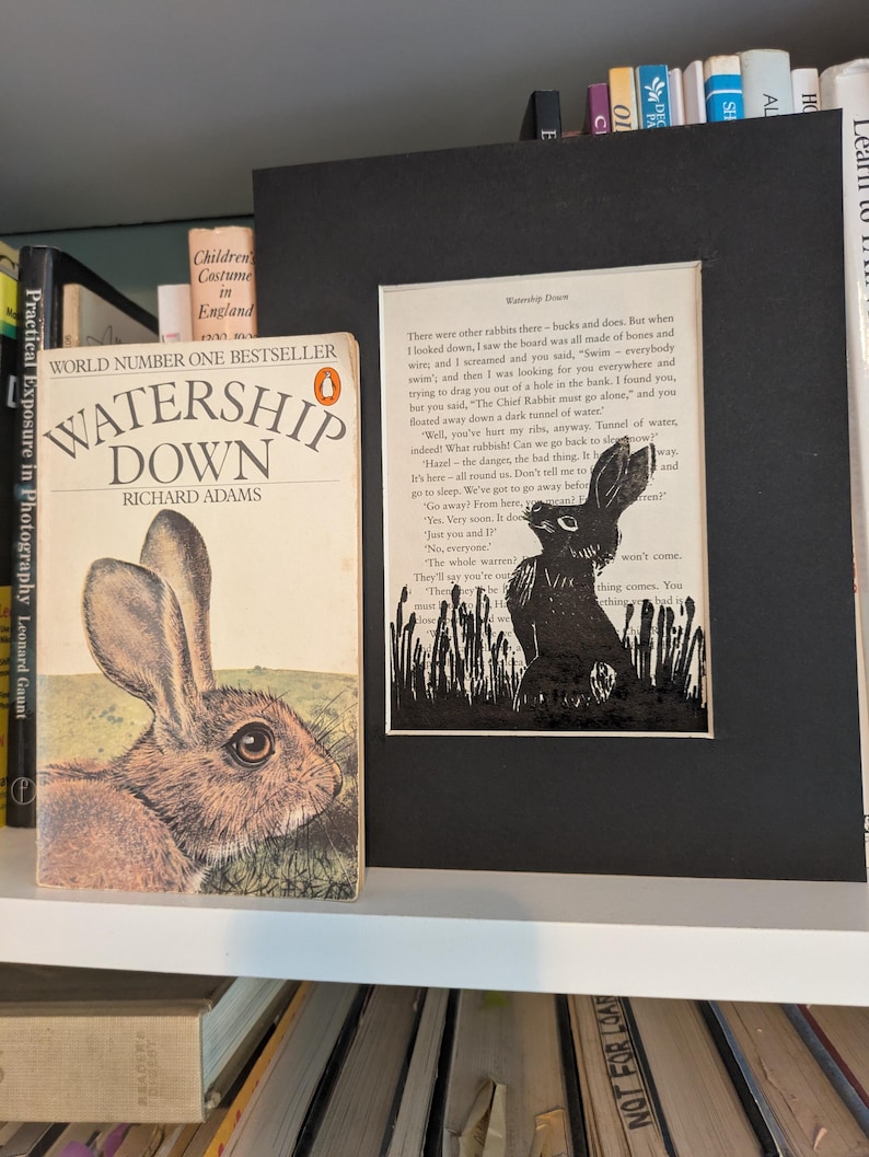 May include: A bookshelf featuring a copy of "Watership Down" by Richard Adams, with a rabbit illustration on the cover. Beside it is a framed black and white print of a rabbit in tall grass. The books are on a white shelf.