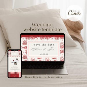 ウェディングウェブサイトテンプレート、Canvaウェディングウェブサイト、シックで時代を超越したウェディングウェブサイト、赤いトワル・ド・ジュイのテーマ、ワンページウェブサイト | LYANA