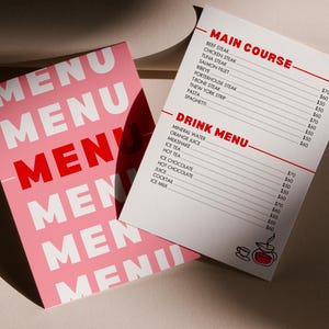 Menú de cena, menú rosa y rojo, plantilla de menú colorida, plantilla de menú moderna, menú de restaurante de moda, menú de bebidas, menú de hotel