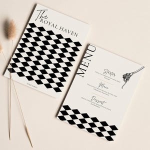 Template de Menu à Motif en Forme de Damier, Menu Noir et Blanc, Menu Imprimable, Template Modifiable, Template de Menu, Menu hôtel & gîte