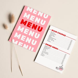 Menu de diner, menu rose et rouge, modèle de menu coloré, modèle de menu moderne, menu restaurant tendance, Carte de boissons, Menu d'hôtel