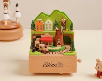 Engraved Name Music Box, Customized Wooden Music Box, Newborn Baby Keepsake, Handmade Train Music Box, Personalized Gift for Kid,Baby Shower