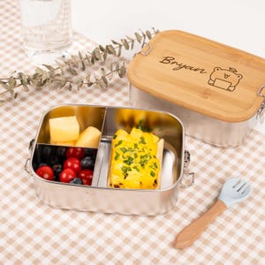 Boîte à lunch personnalisée pour enfants avec nom gravé, boîte à lunch en acier inoxydable avec couvercle en bois, cadeau de rentrée scolaire pour enfants