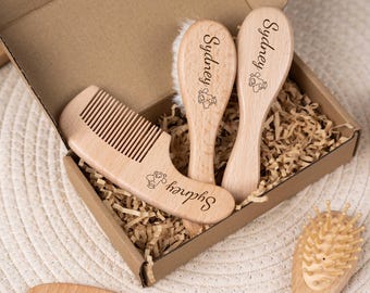 Personalized Baby Brush and Comb Set, Custom Baby Brush with Name, Wooden Baby Hairbrush, Baby Shower Gift, Baby Grooming Kit, Newborn Gift