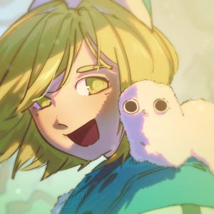May include: An illustration of a smiling person with green eyes and yellow hair, wearing a teal top. A small, fluffy, white creature with large eyes sits on the person's shoulder. The background is a soft, blurred green.