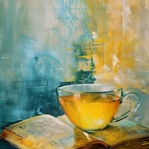 Tea and Book Wall Art - Print Cozy Reading Digital Poster - Relaxing Home Decor