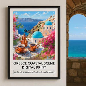 Impresión digital con vista al café de Santorini: escena costera mediterránea - Arte mural de viaje de alta resolución