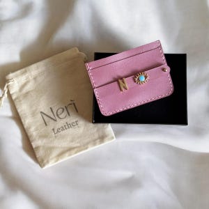 Porta carte regalo personalizzato, personalizzato con portafoglio con ciondolo, porta carte in vera pelle rosa, regalo per lei e la famiglia, regalo di Natale