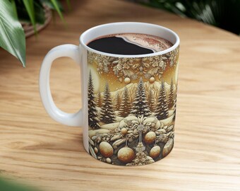 Taza de cerámica Winter Wonderland, taza de café navideña, taza con forma de árbol navideño, artículos festivos para beber, regalo con adornos dorados, taza de té con un brillo cálido